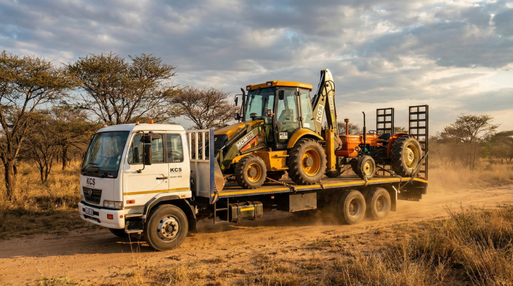 Lowbed truck delivering construction machinery Nelspruit